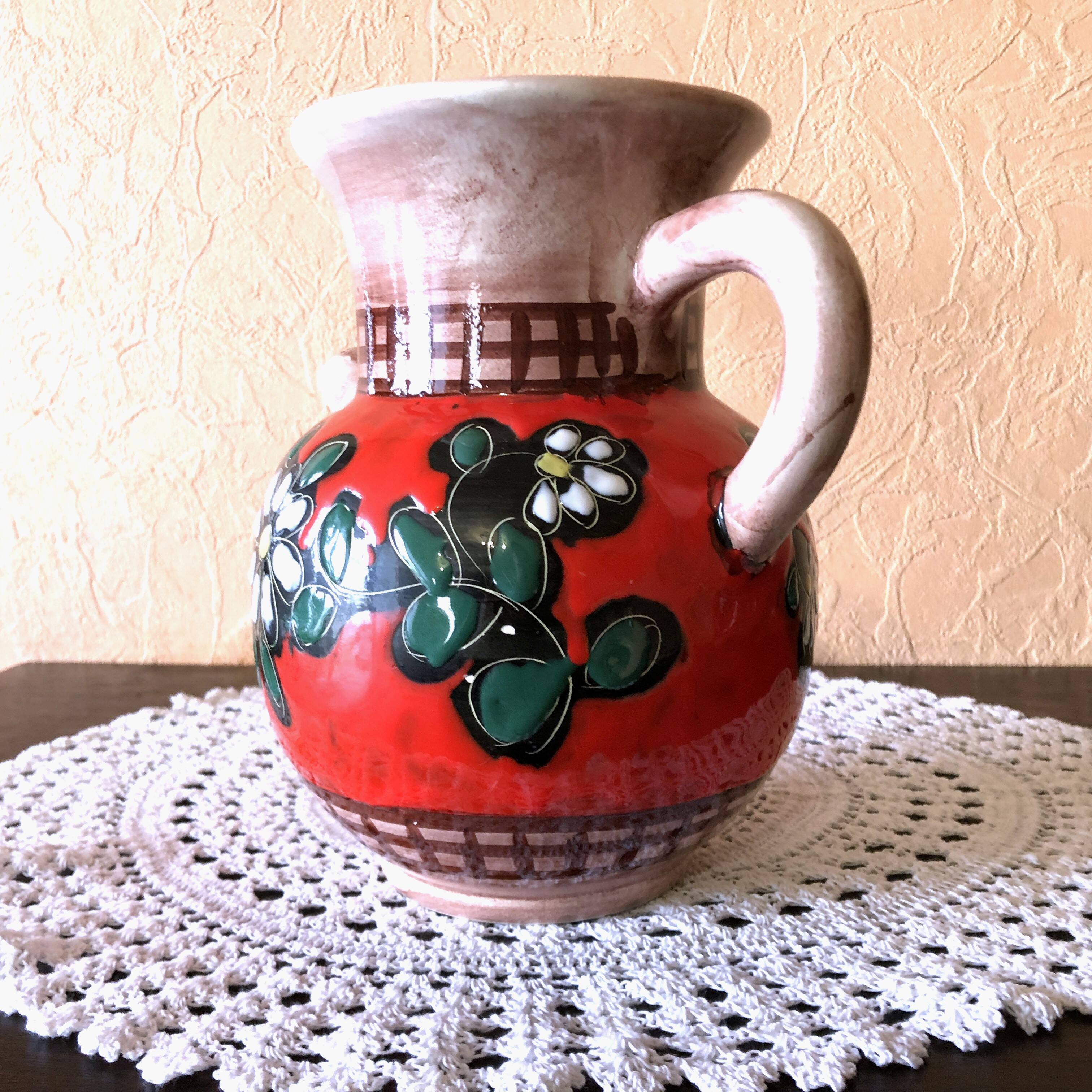 Carafe, jug, chevrette, artisanal, ceramic with floral decoration