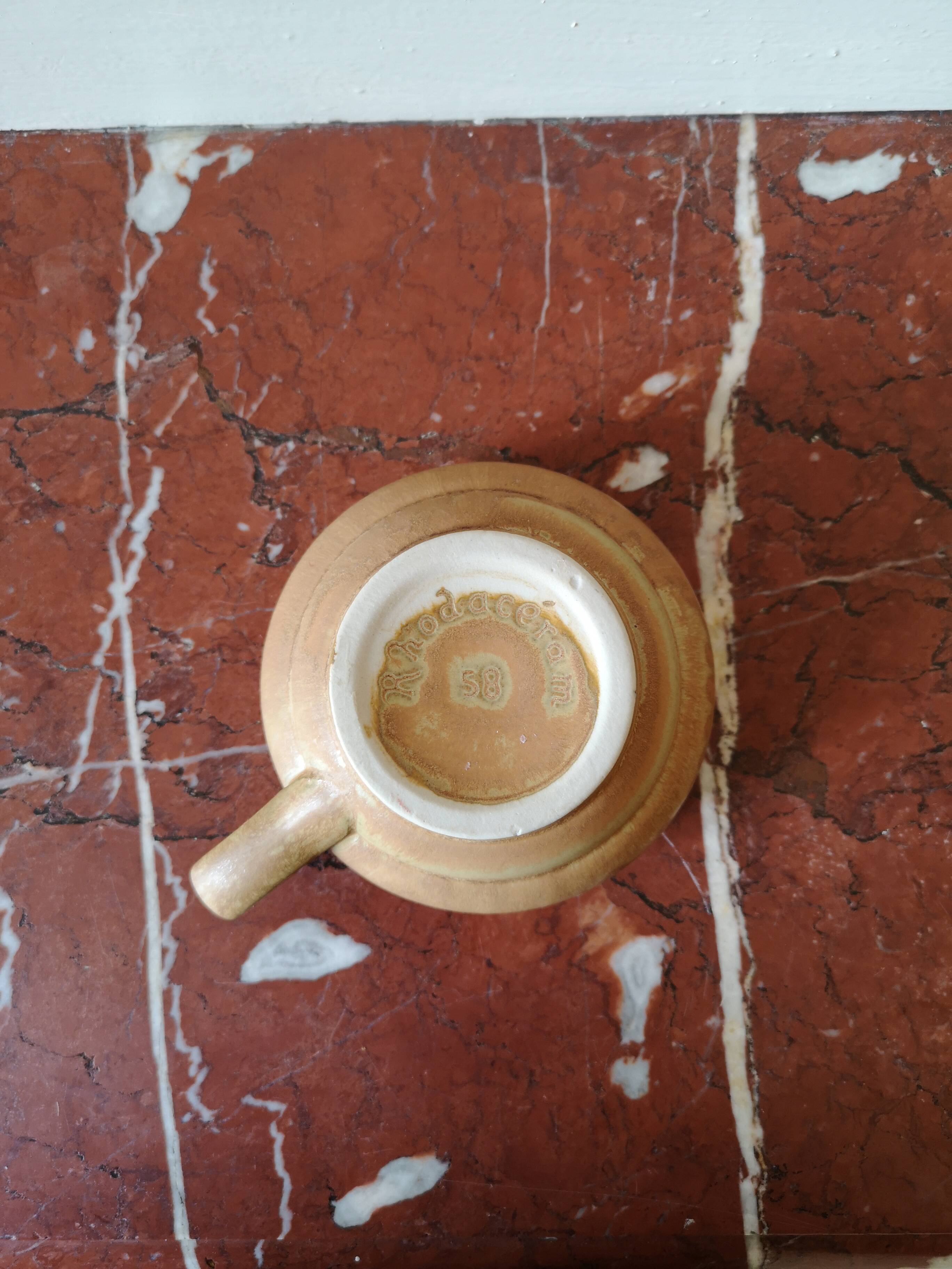 Vintage stoneware teapot and cup, "selfish" tea service, signed