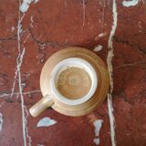 Vintage stoneware teapot and cup, "selfish" tea service, signed