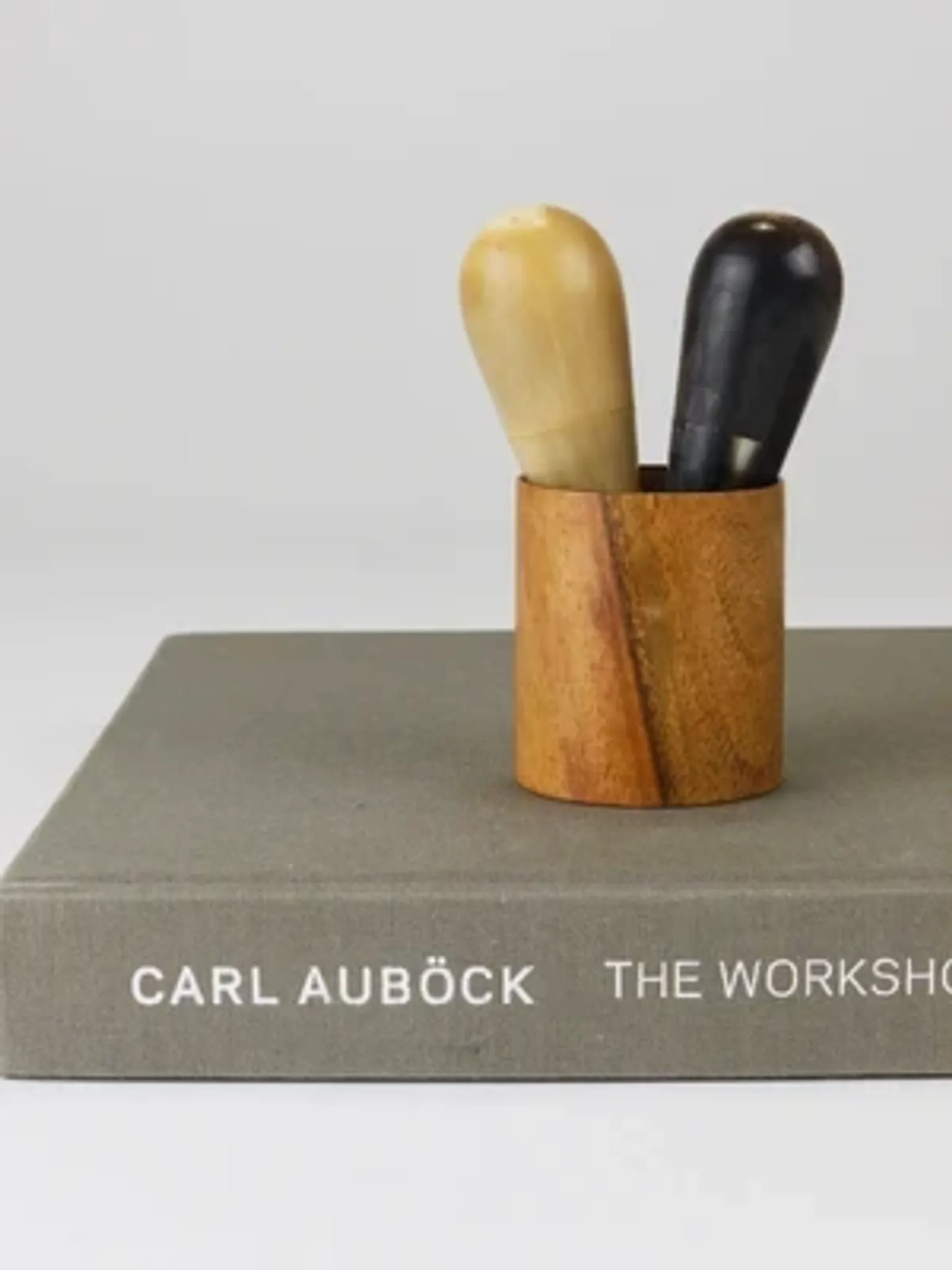 Carl Aubock II "The Bombs" salt and pepper shakers, walnut & horn, 1950s