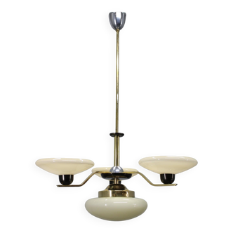 Art Deco brass and aluminum chandelier with cream glass, Czechoslovakia 1930s