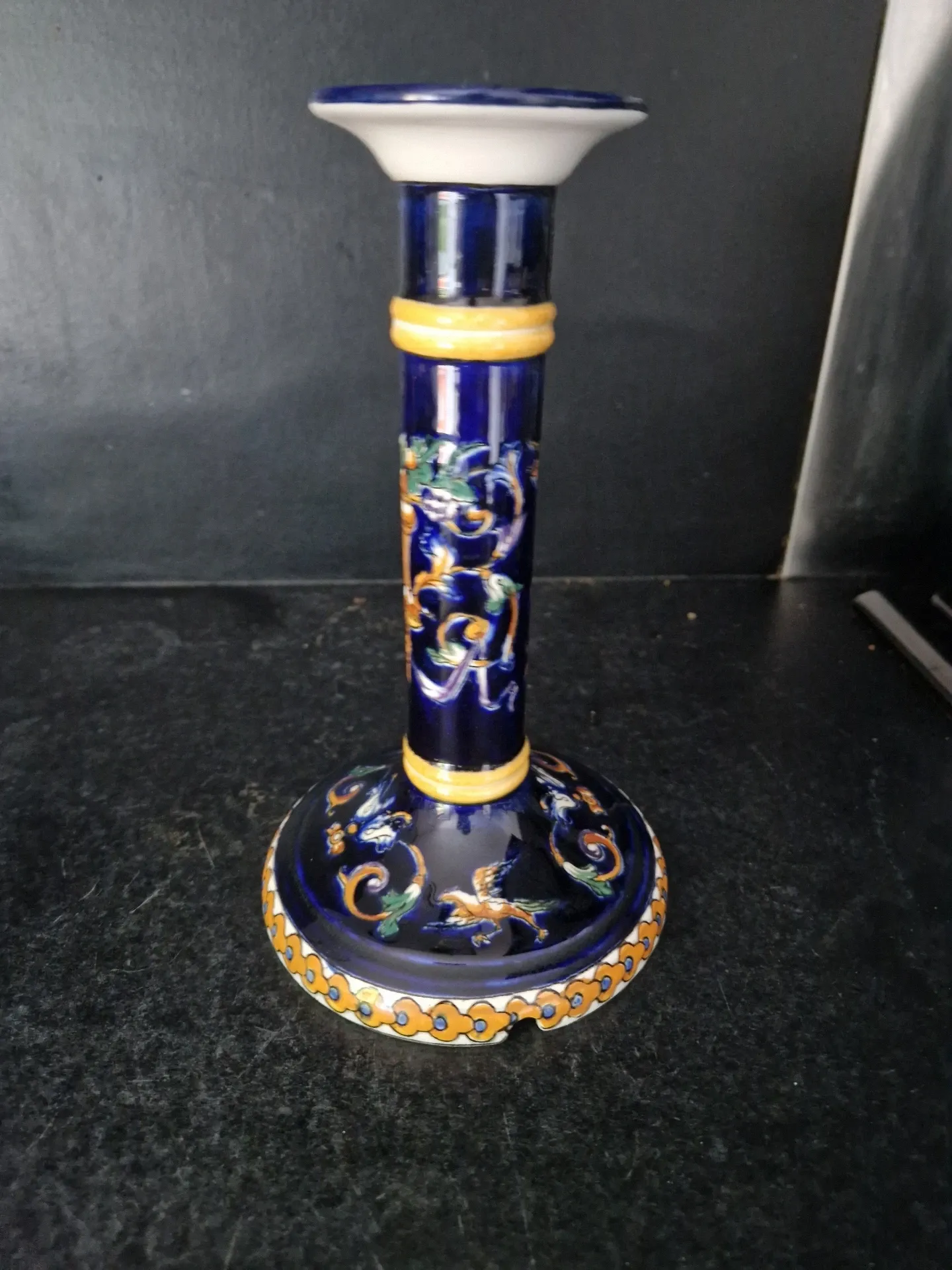 Antique candlestick Faïence from Gien - Renaissance Decor Blue Background - Painted