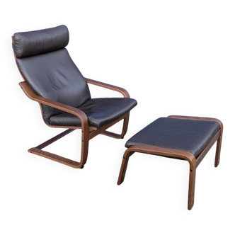 Fauteuil lounge de relaxation Ikea Vintage "Poang" cuir Marron