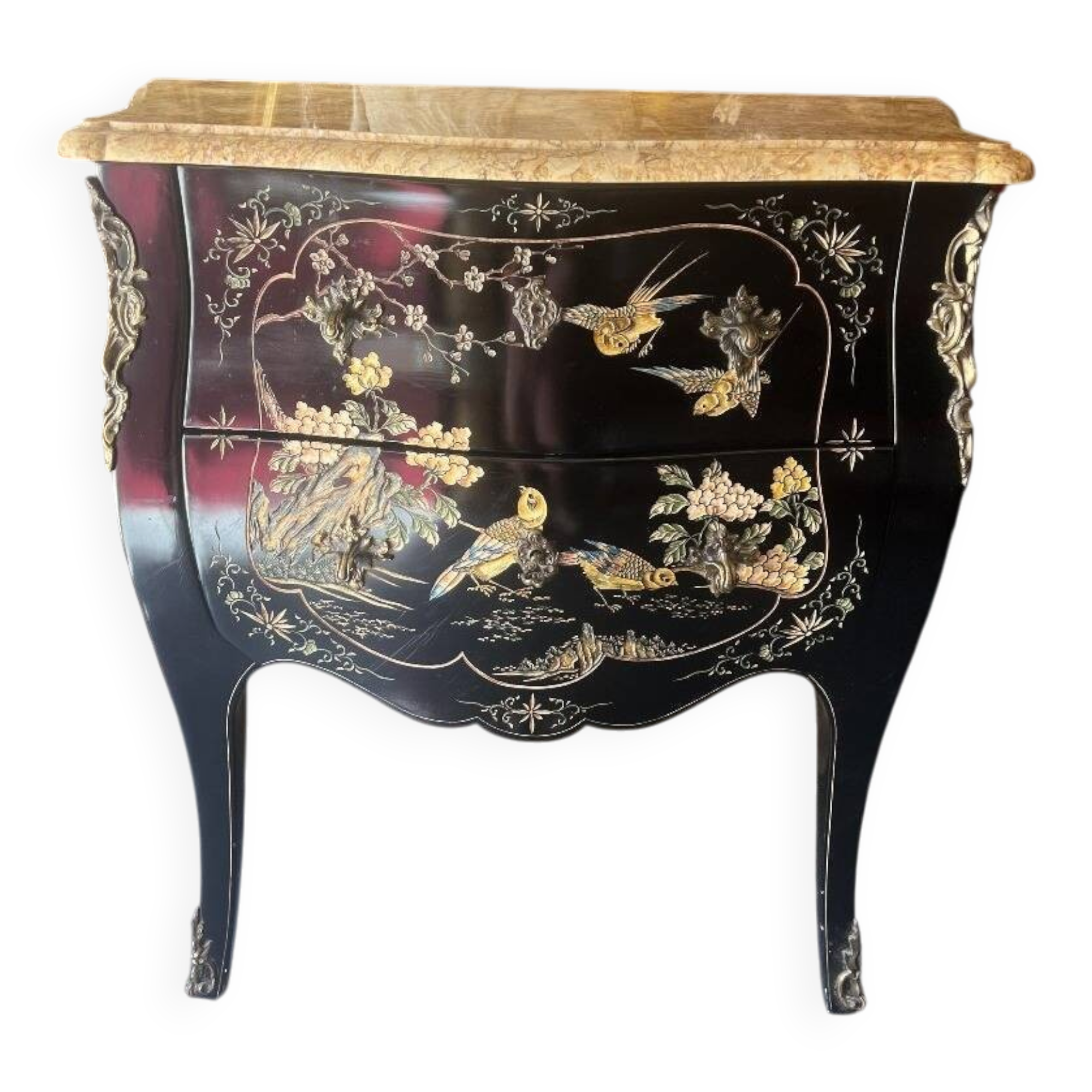 Curved lacquered wooden chest of drawers with Chinese decoration – 20th century (circa 1950-1960)