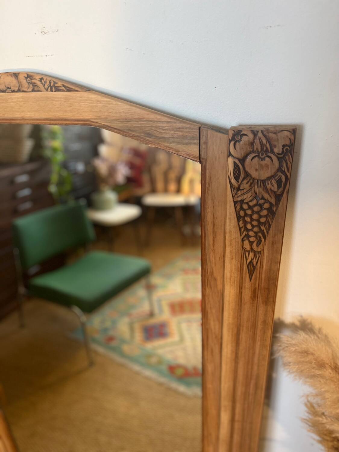 Large old art deco mirror in wood and beveled glass