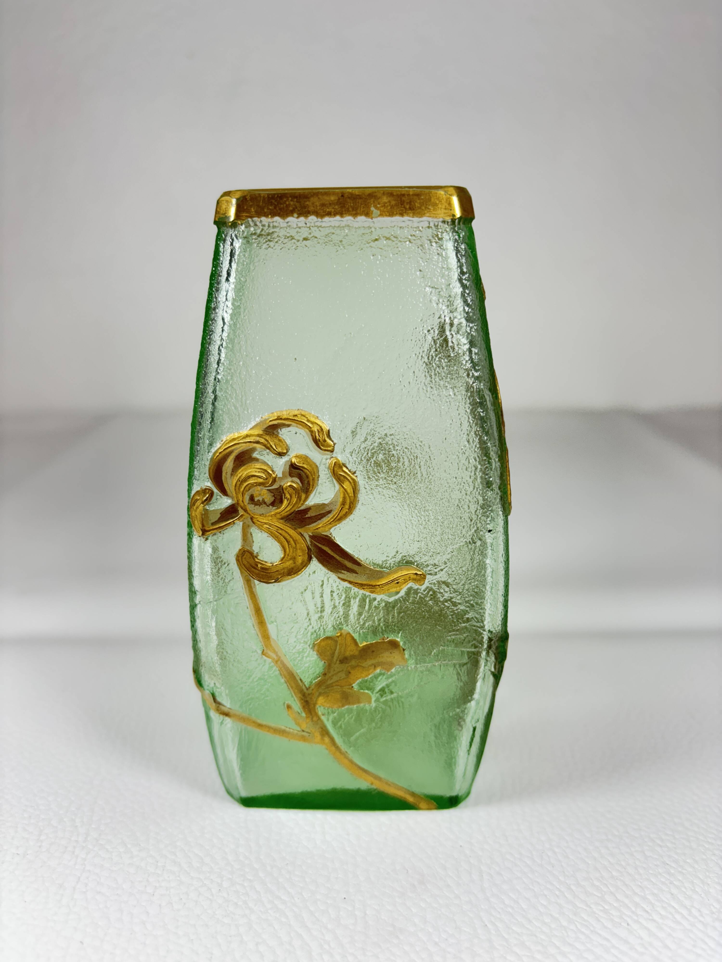 Montjoye Legras vase with frosted green and gold chrysanthemums