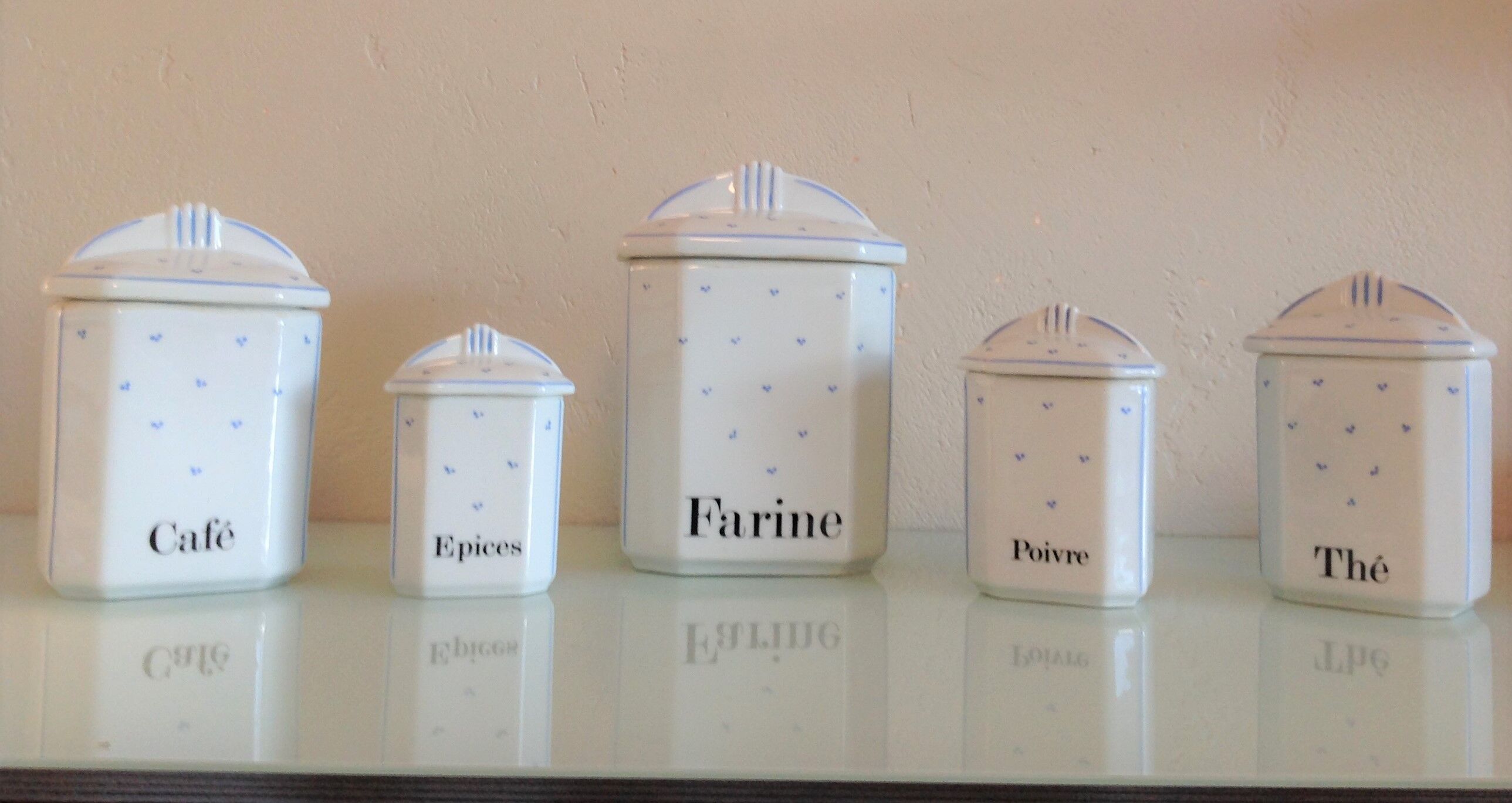 Suite of five Apilco porcelain spice jars / vintage 70s