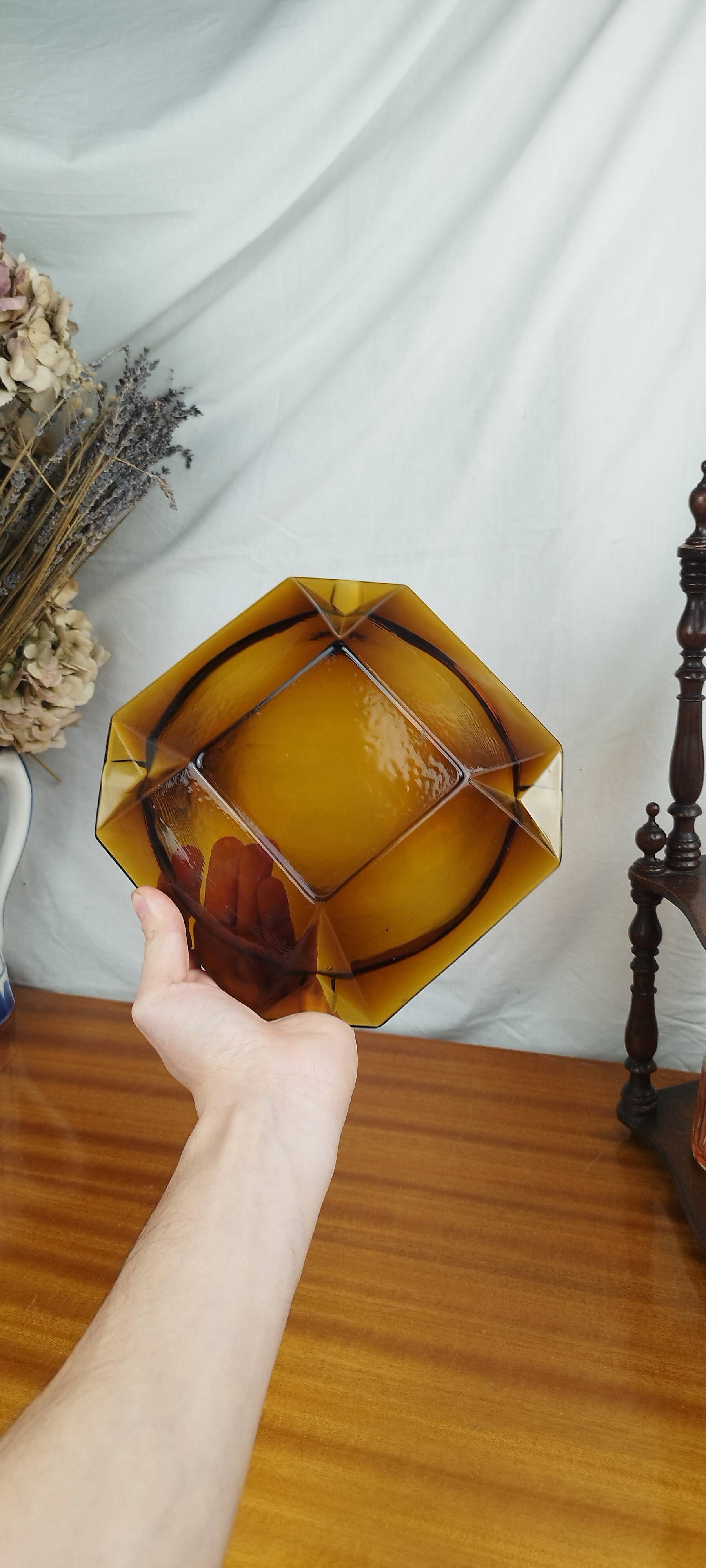 Large Geometric Amber Yellow Glass Ashtray Vintage Art Deco Style