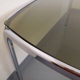 Vintage curved rectangular dining table in smoked glass and chrome metal