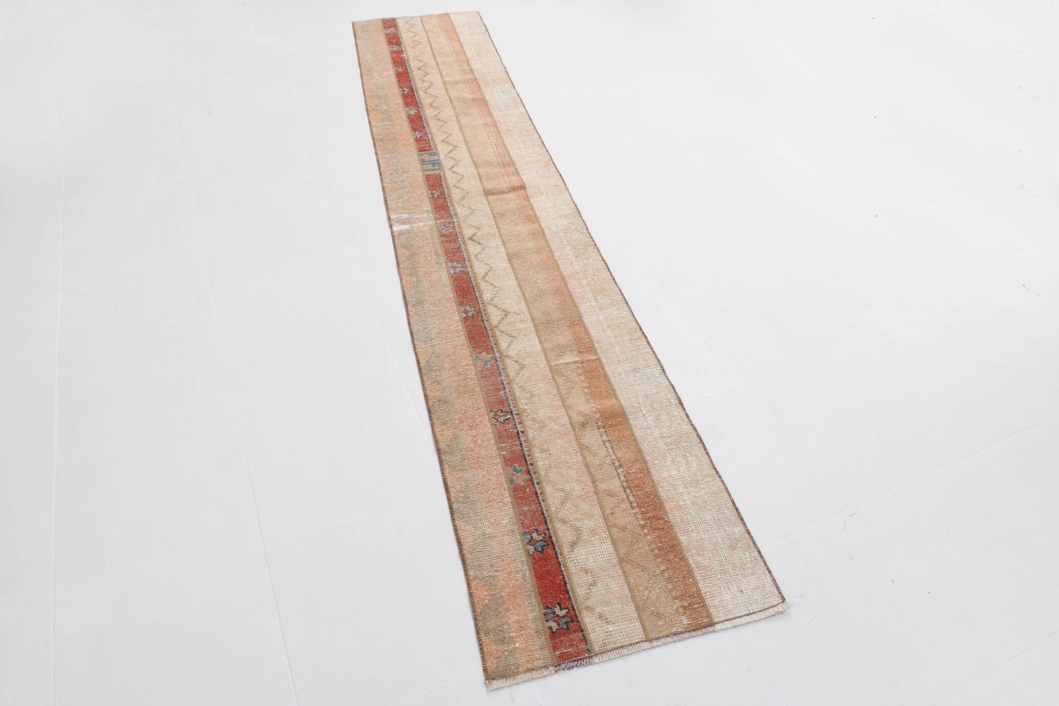 Red & Cream Long Turkish Vintage Runner Rug. 69x312Cm