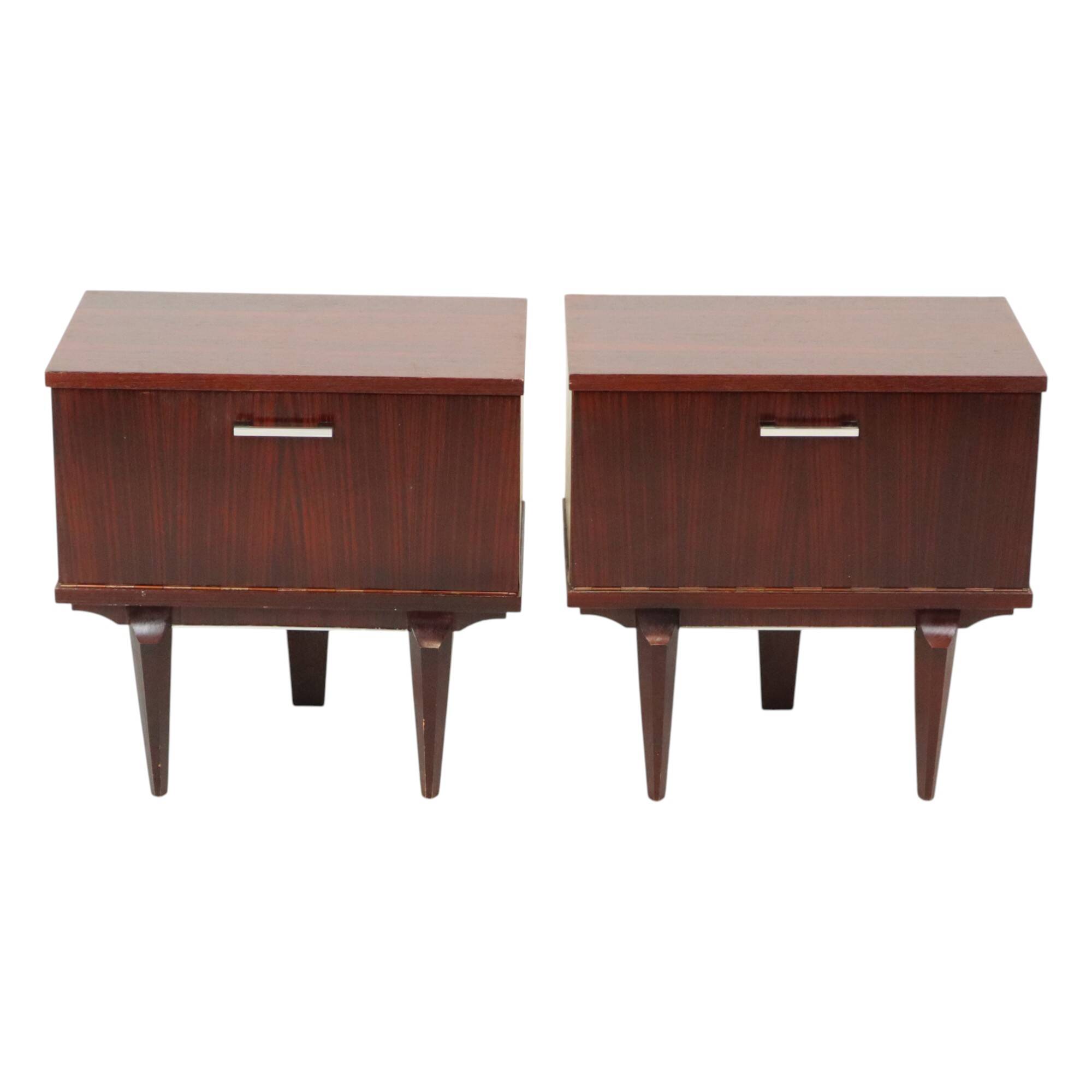 Pair of Vintage Bedside Tables Veneer Wooden Night Tables