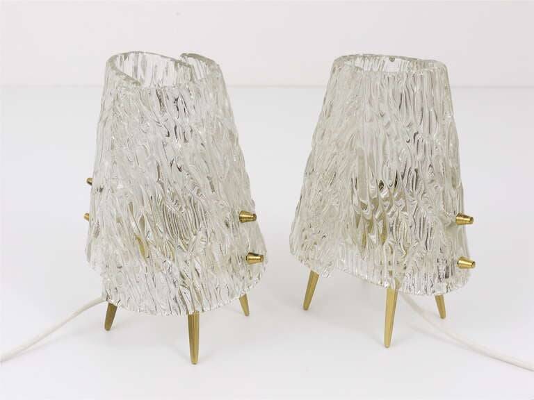 Pair of mid-century brass and textured glass table lamps, Austria, 1950s
