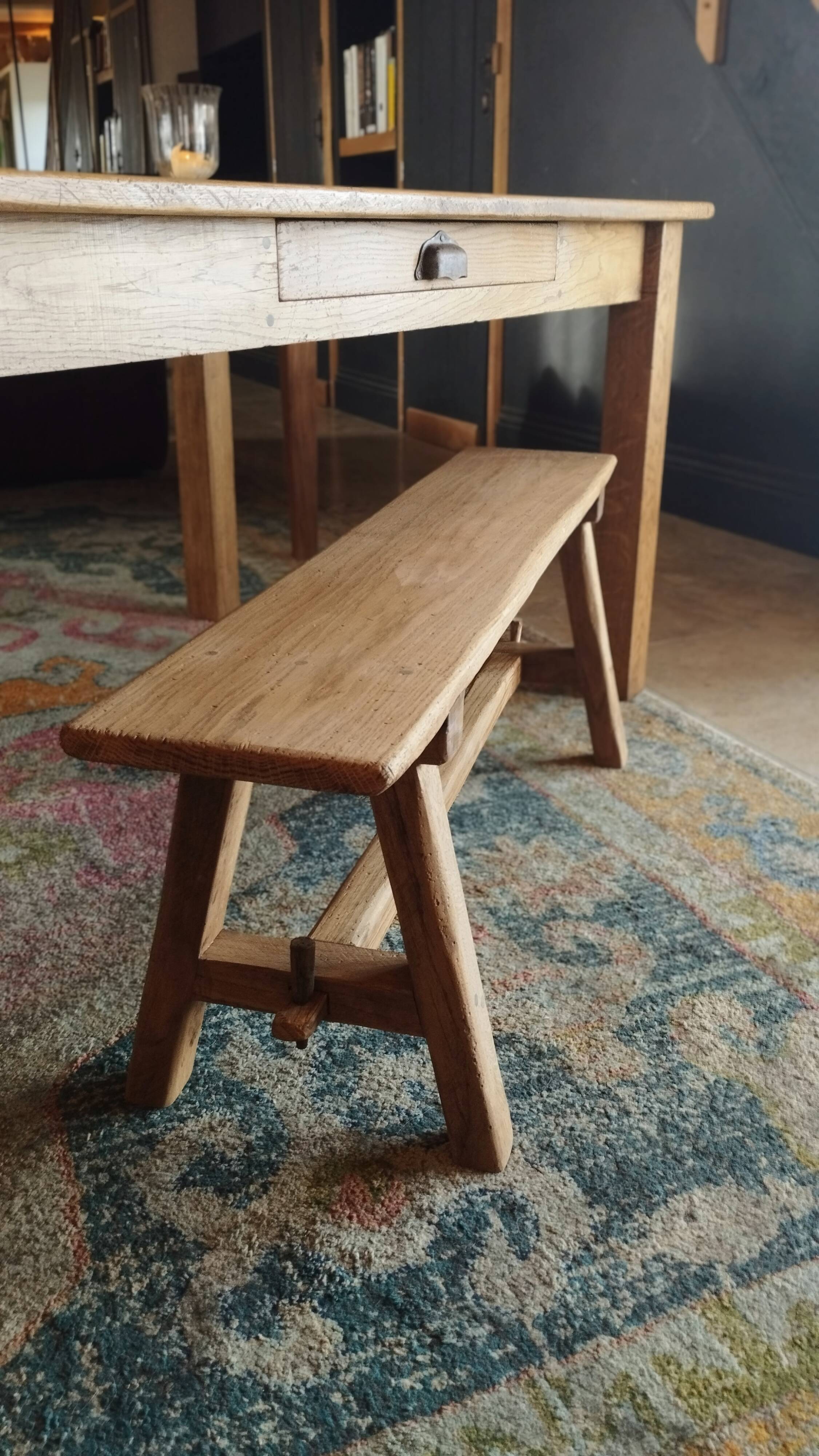 "A frame" bench in solid oak, patinated.
