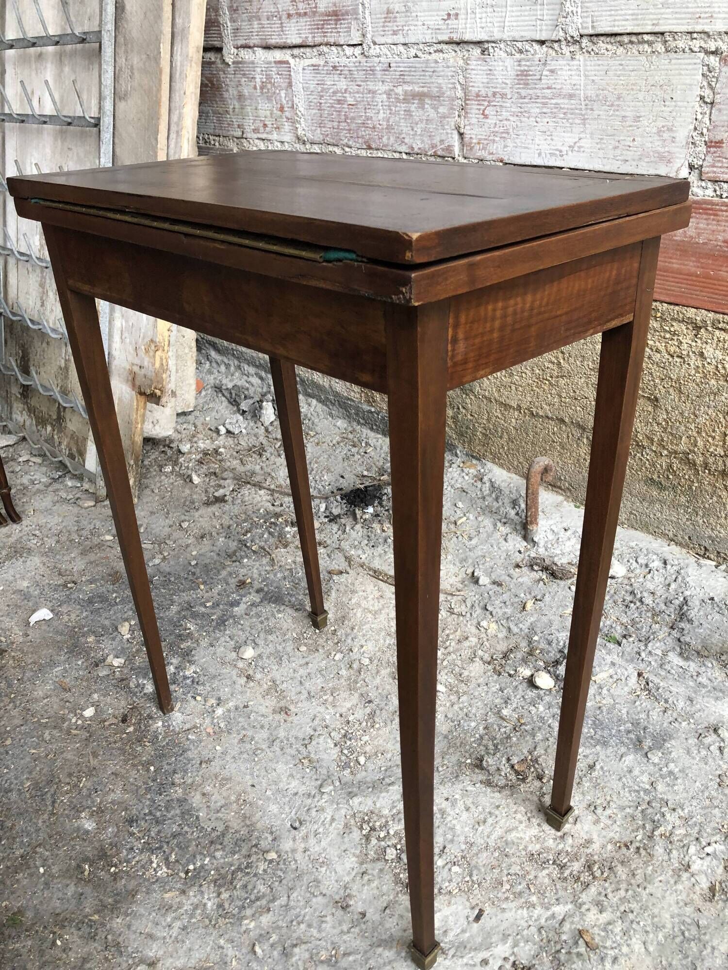 Old Game Table Folding Wood Green Carpet + Vintage Brass Hooves