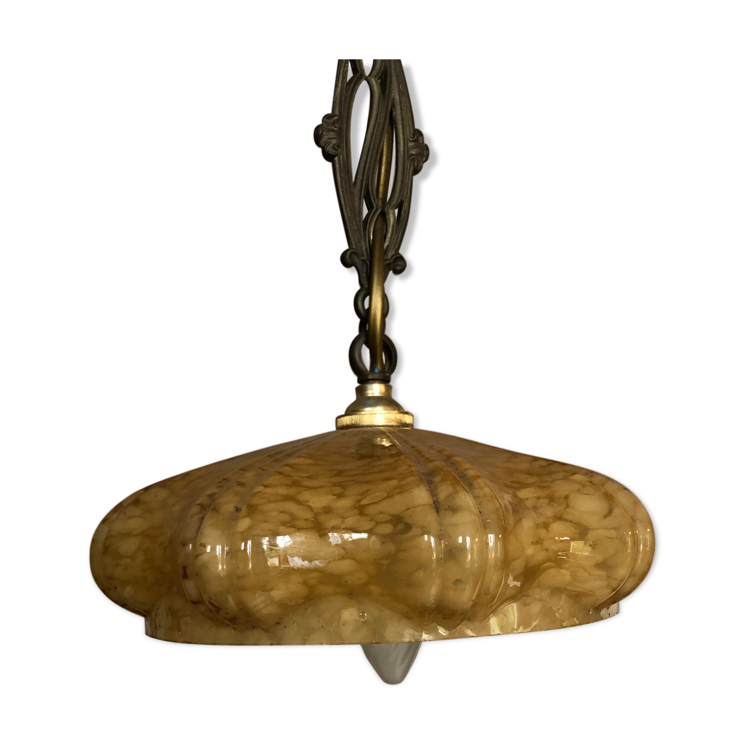 Orange ochre coloured antique glass hanging lamp