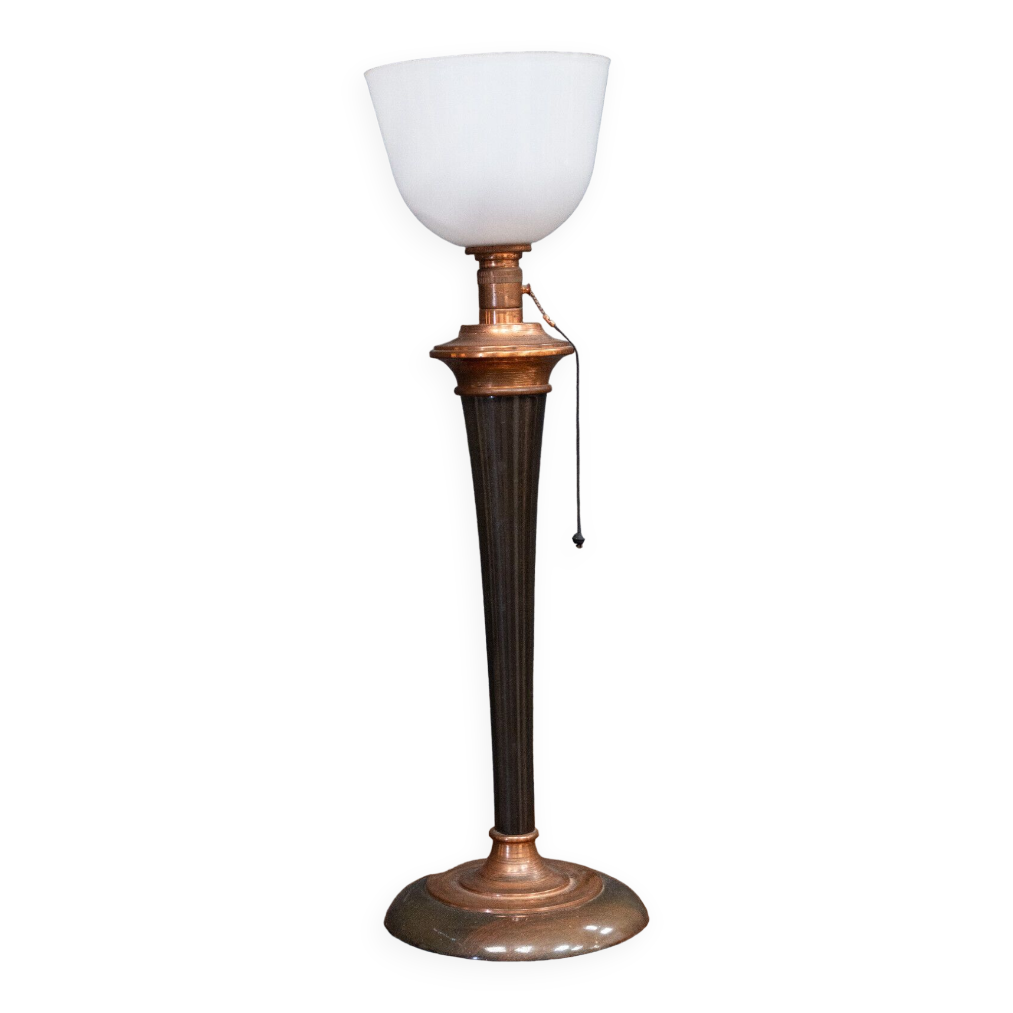White Mazda opaline lamp on stand in wood and brass