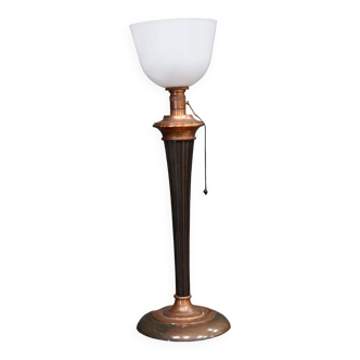 White Mazda opaline lamp on stand in wood and brass