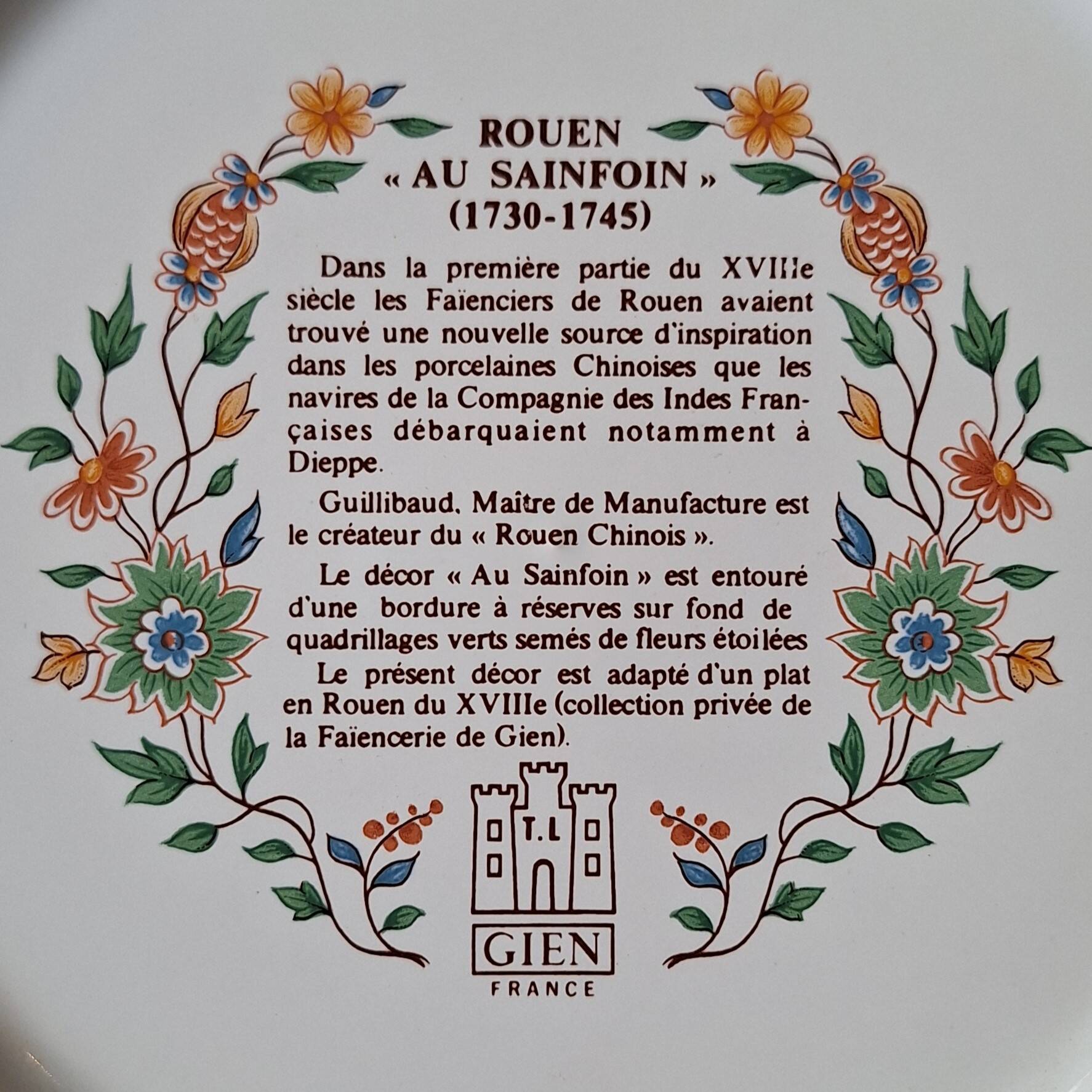 Gien earthenware plate "Rouen at Sainfoin"