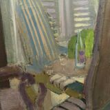 OIL ON CANVAS JEAN MAUFAY ABSTRACT COMPOSITION SCENE OF INTERIOR