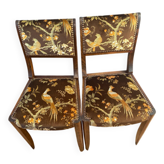 Set de 2 chaises vintage en velours oiseaux 1960-1970, état comme neuf.