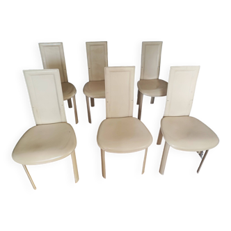 Lot of 6 vintage "Elena B" dining chairs in beige leather by Quia, 1970-80s