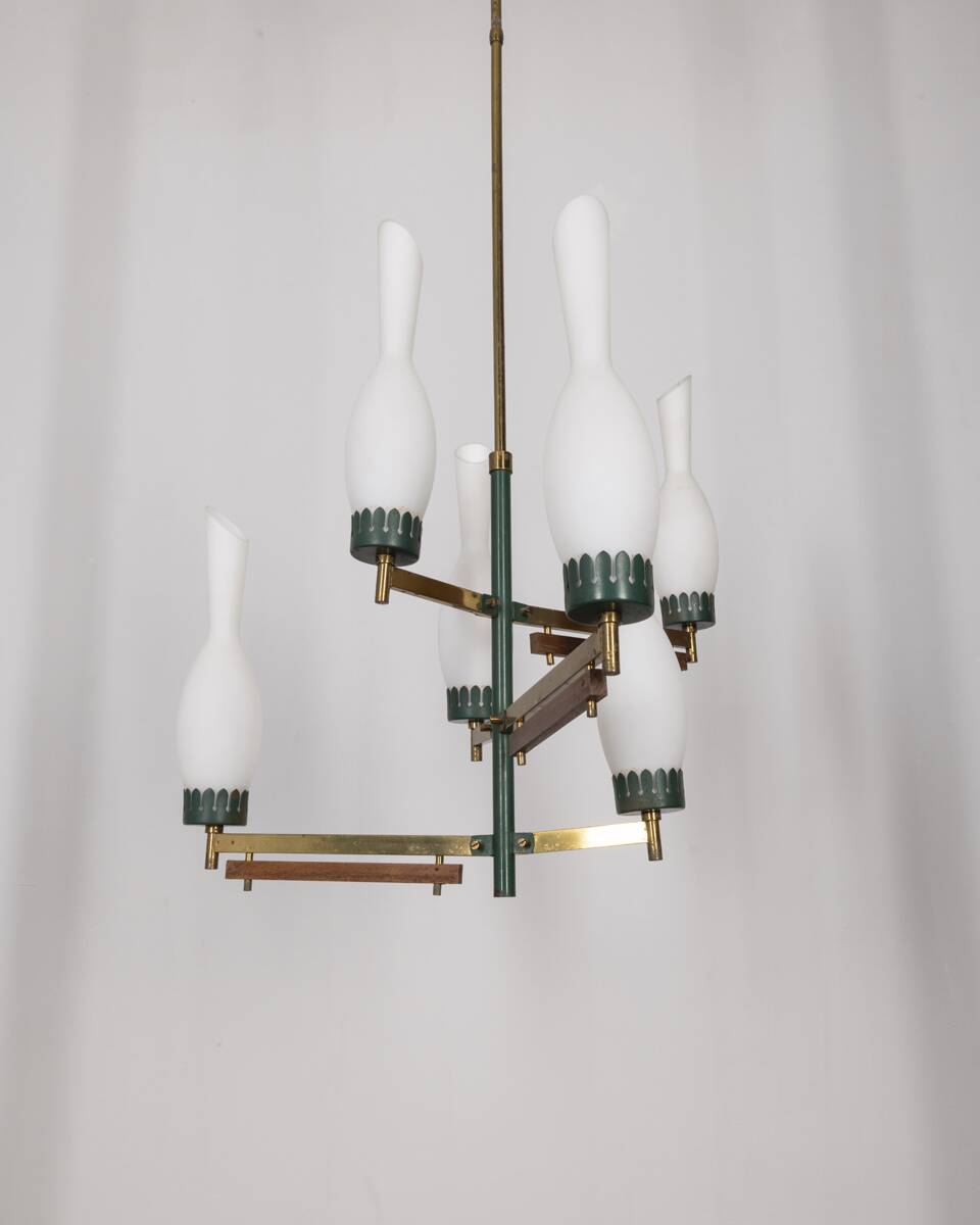 Vintage 50's chandelier in brass, green metal and glass italian design