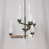 Vintage 50's chandelier in brass, green metal and glass italian design