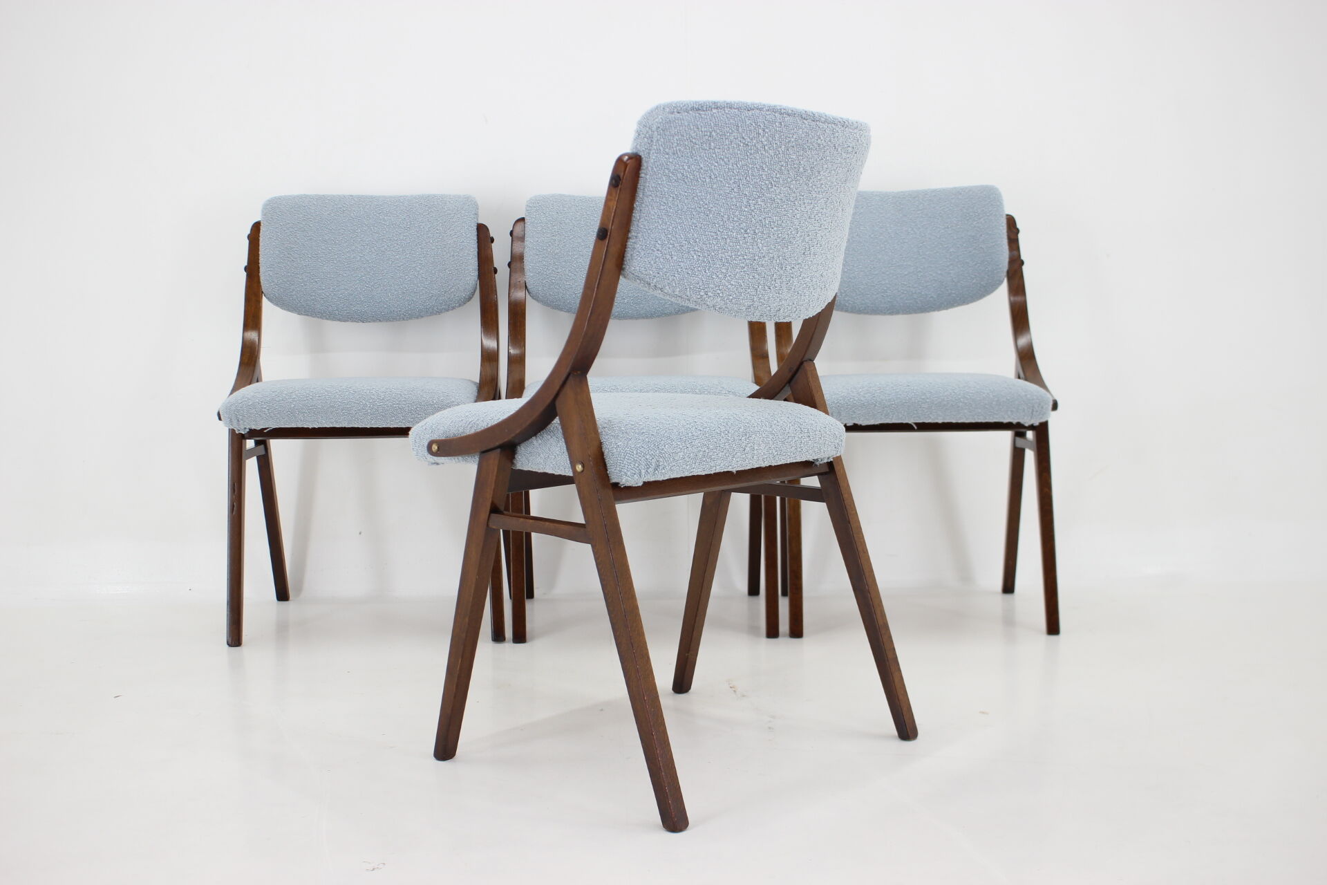 1960s Set of Four TON Beech Bentwood Dining Chairs in Bouclé, Czechoslovakia