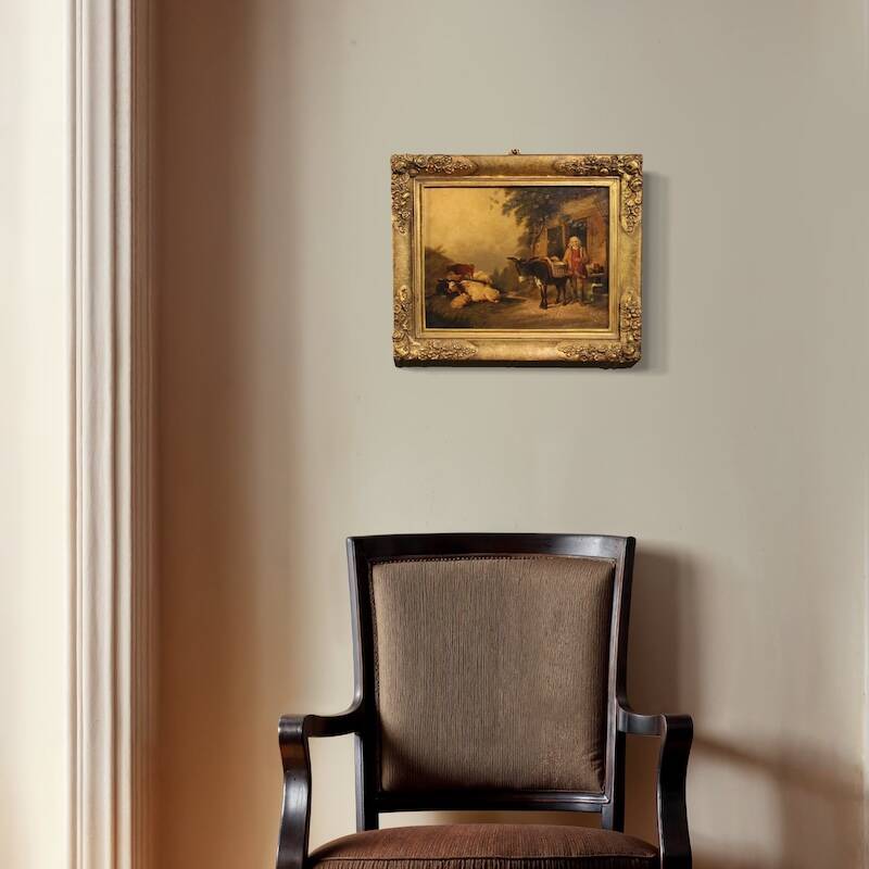 Peinture anglaise antique d'une scène de genre rural datée de 1866