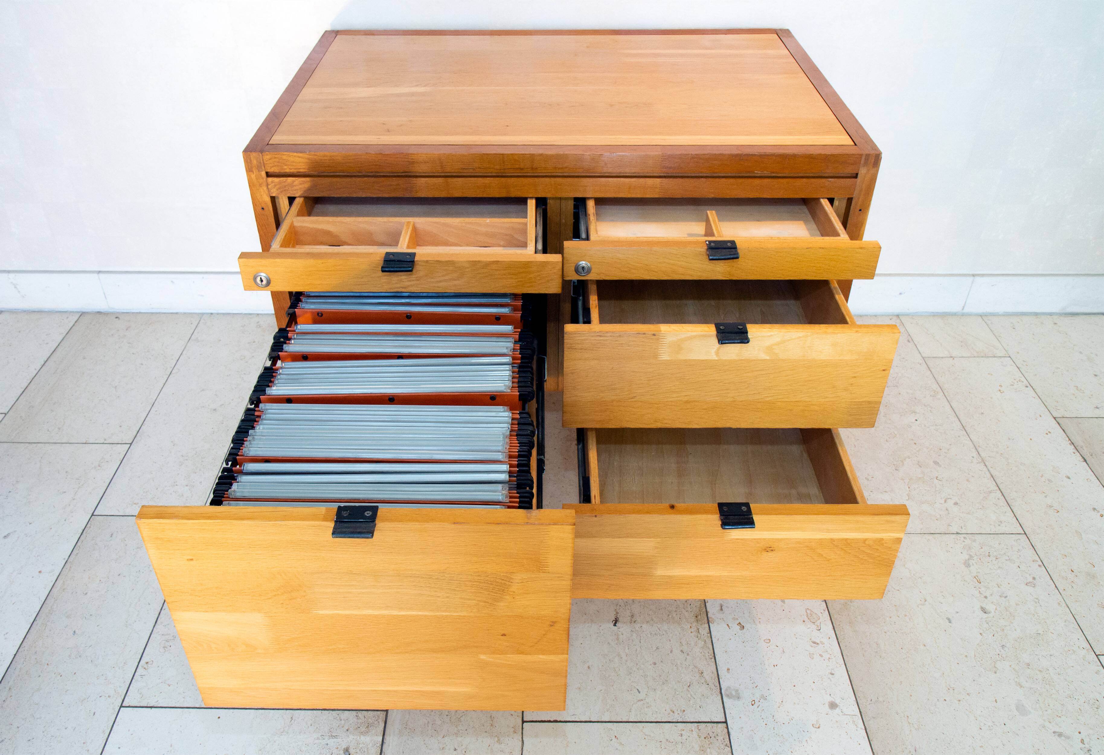 Scandinavian storage unit, solid wood and leather
