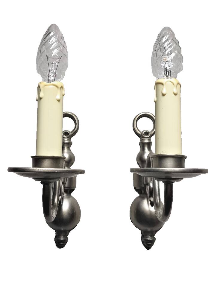 2 Wall Sconces Candle Holders Antique Style - Satin Nickel Metal - E14 Socket