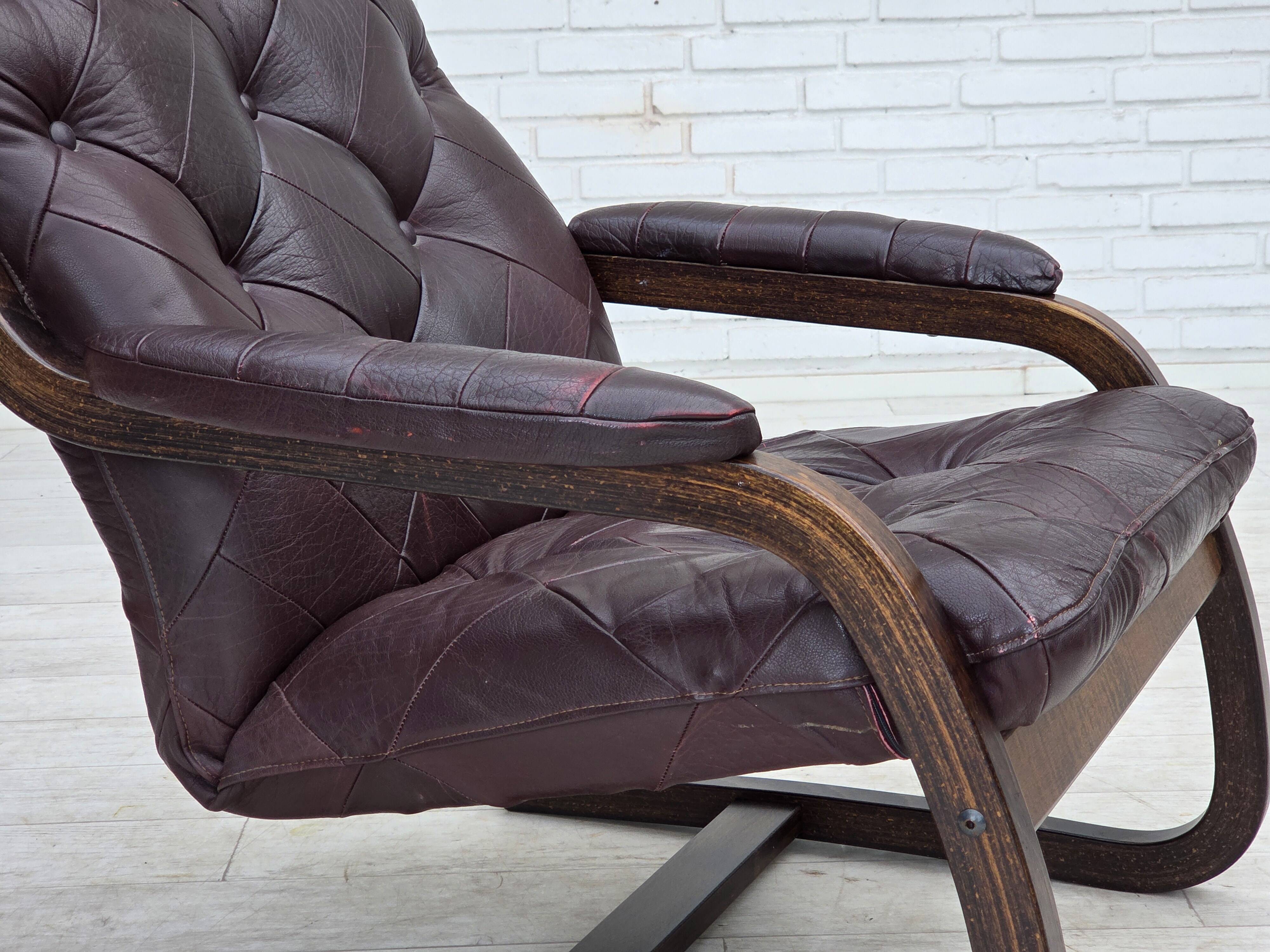 1970s, Scandinavian armchair, brown furniture leather, bent wood.