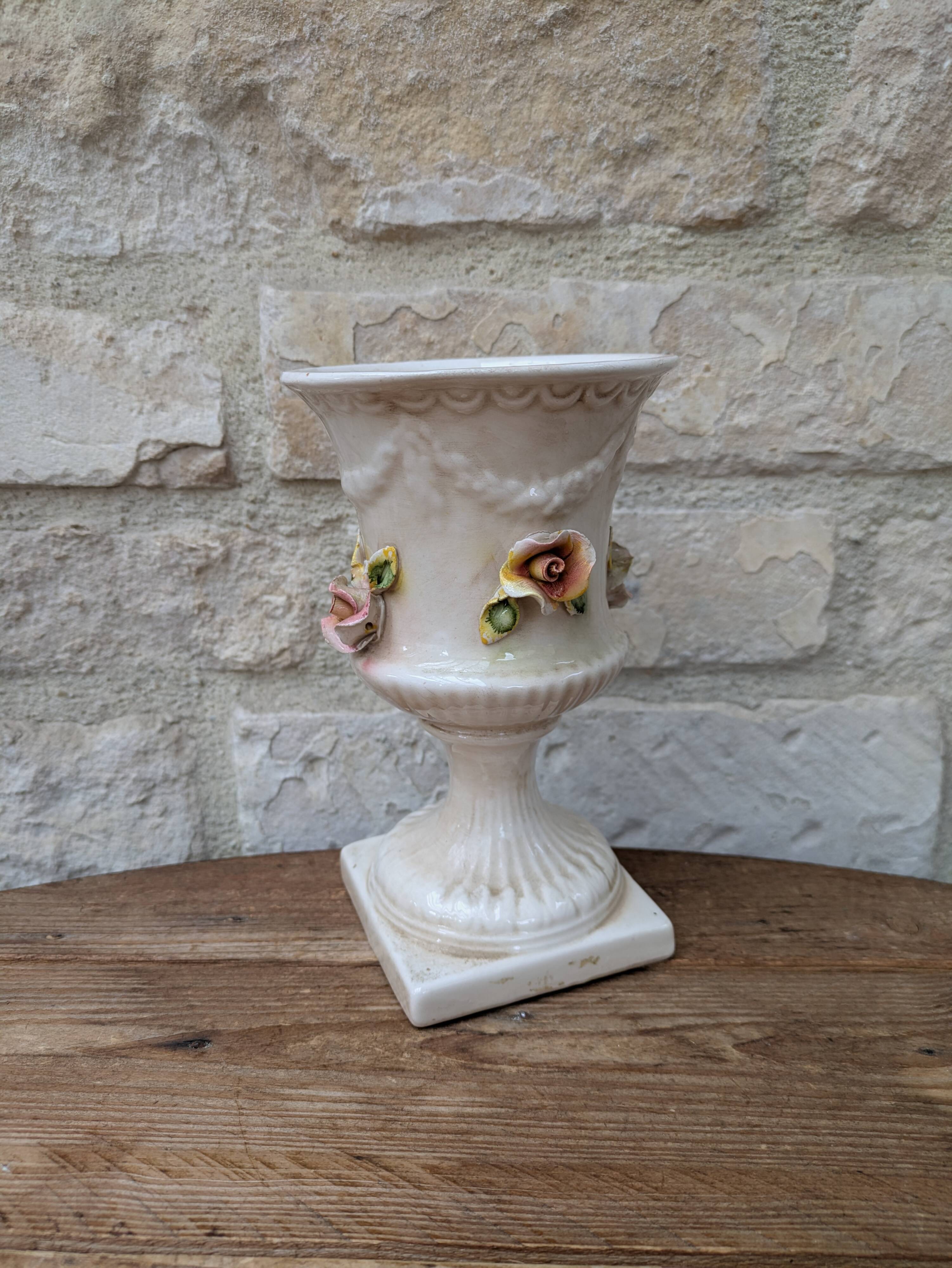Antique Italian ceramic vase in slip style with rose decoration