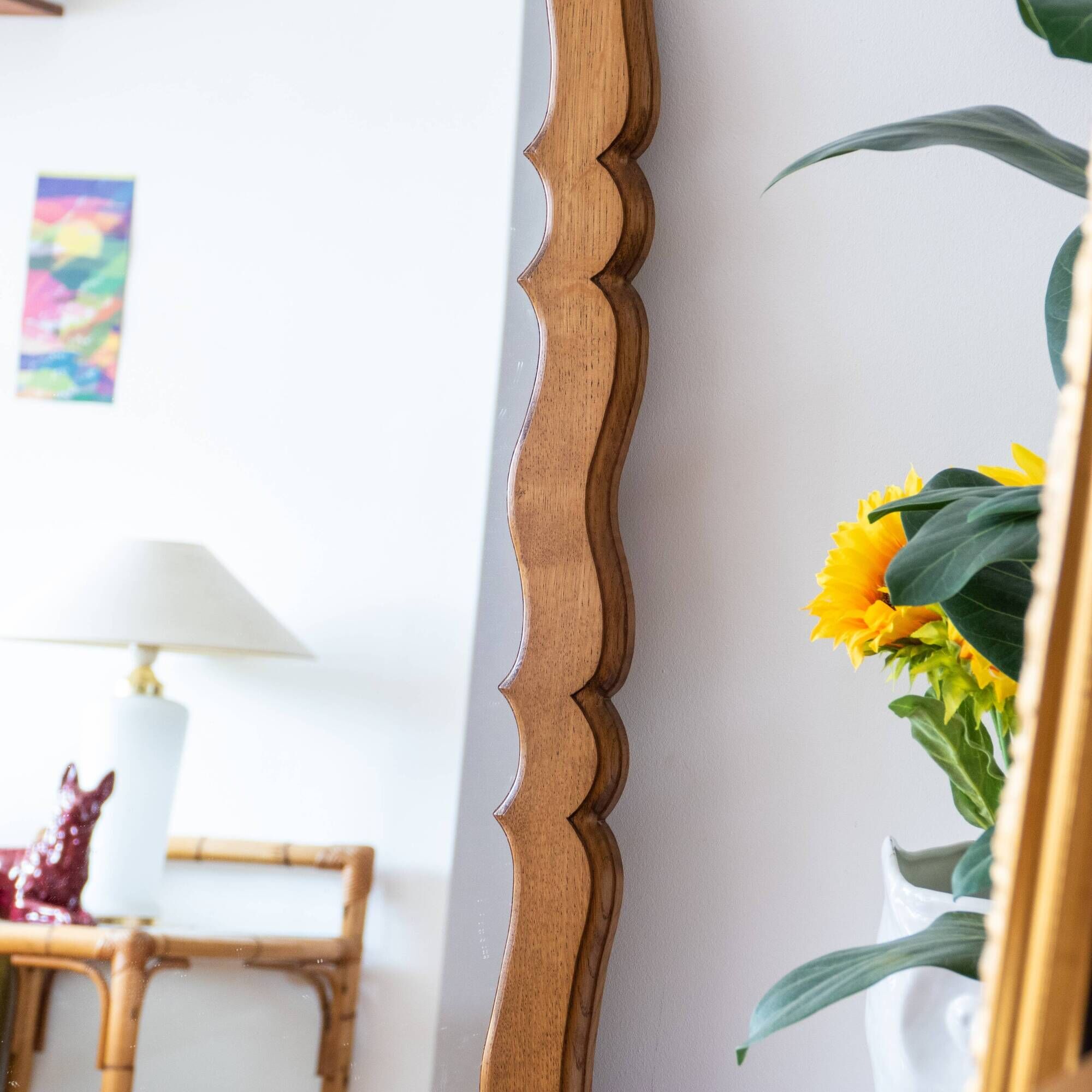 Very large vintage mirror in scrolled solid oak