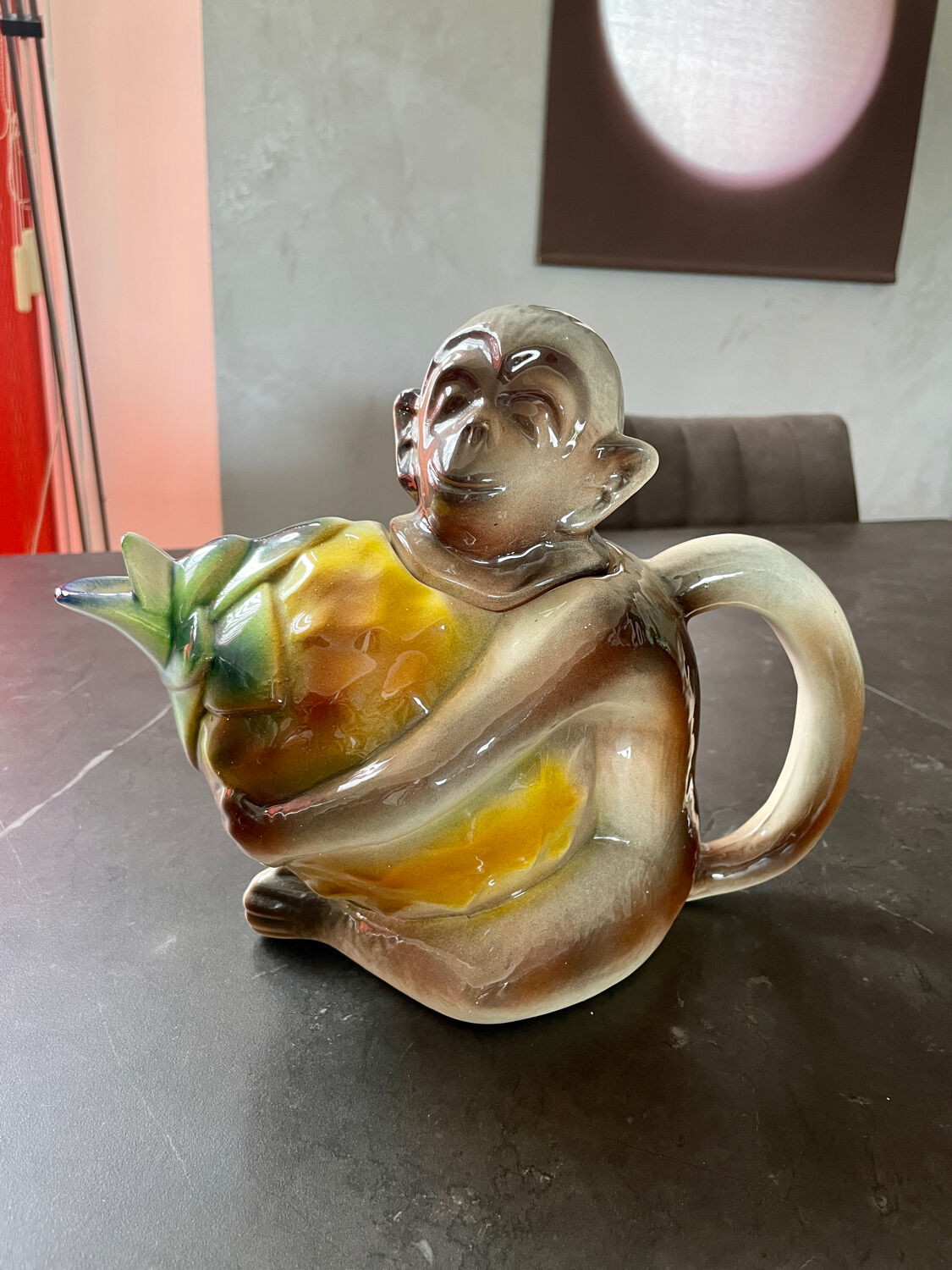 Vintage pitcher theiere earthenware saint clément monkey on pineapple