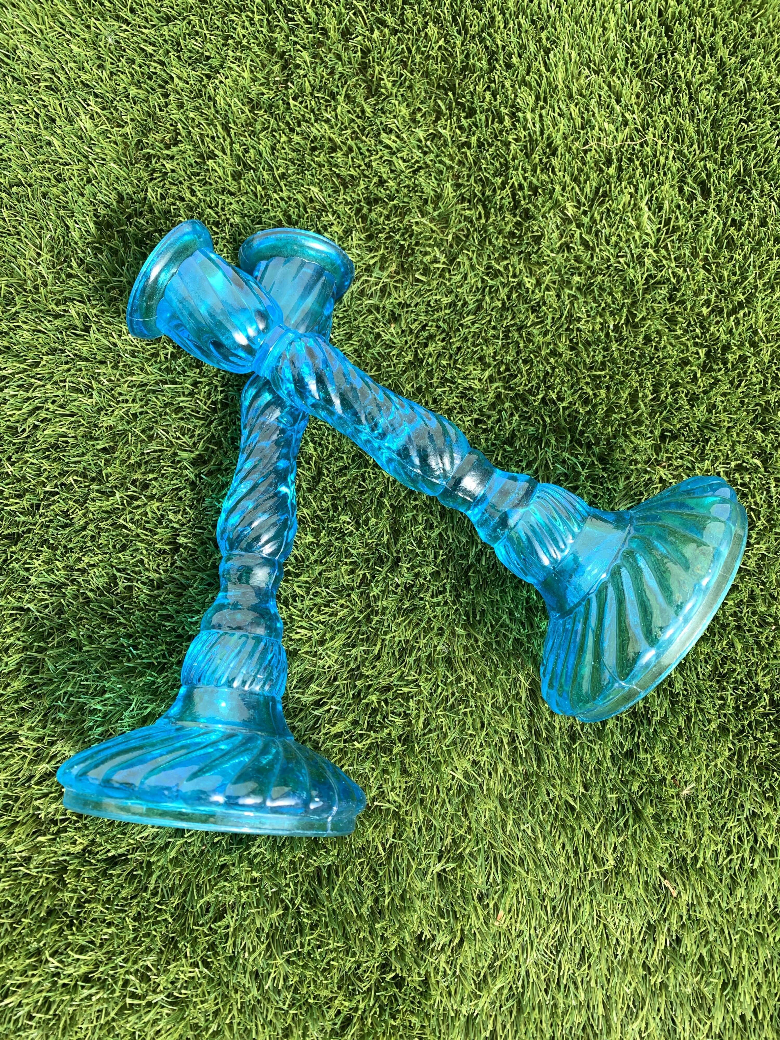 Pair of molded pressed blue glass candle holders