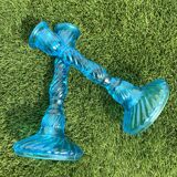 Pair of molded pressed blue glass candle holders