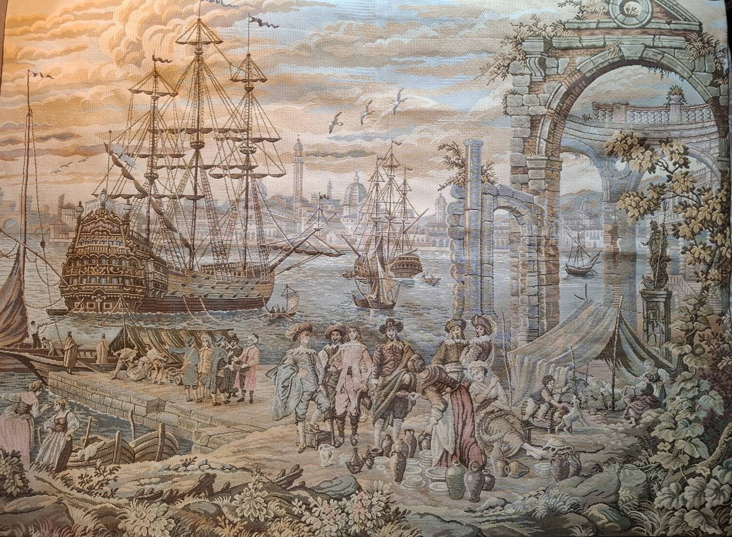 Old wall tapestry "Harbour Scene" The Woven Arts of France