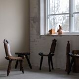 Carved wooden tripod chair with leather seat, Wabi Sabi, early 20th century.