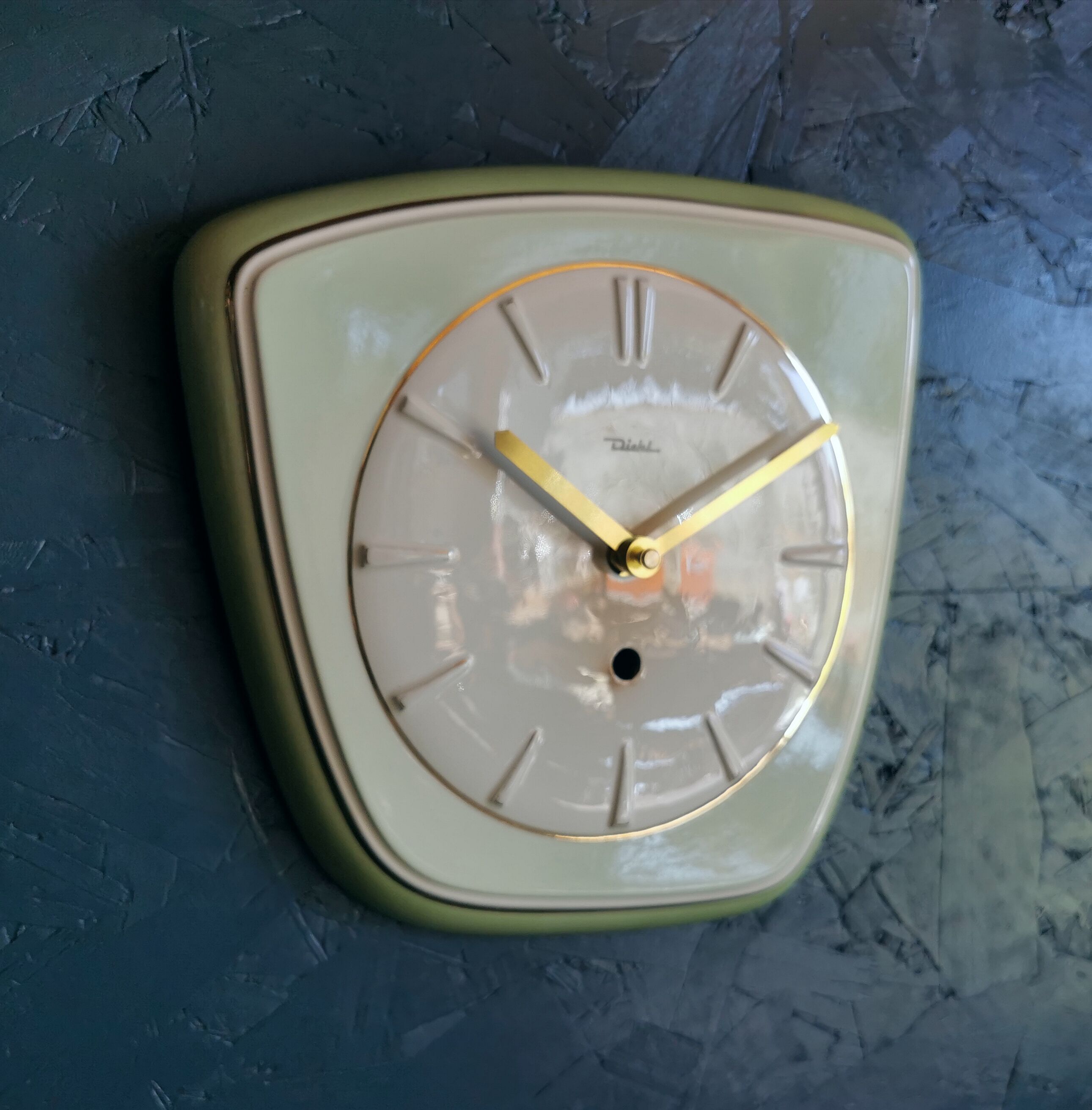 Vintage ceramic clock asymmetrical silent wall clock "Diehl golden green"