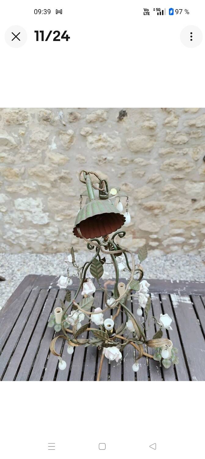 Italian cage chandelier decorated with ceramic roses and glass paste pendants
