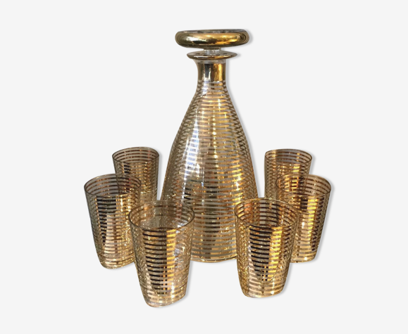 Service a liqueur 6 verres a liqueur et leur carafe a rayures or fin Nic.ellange Paris