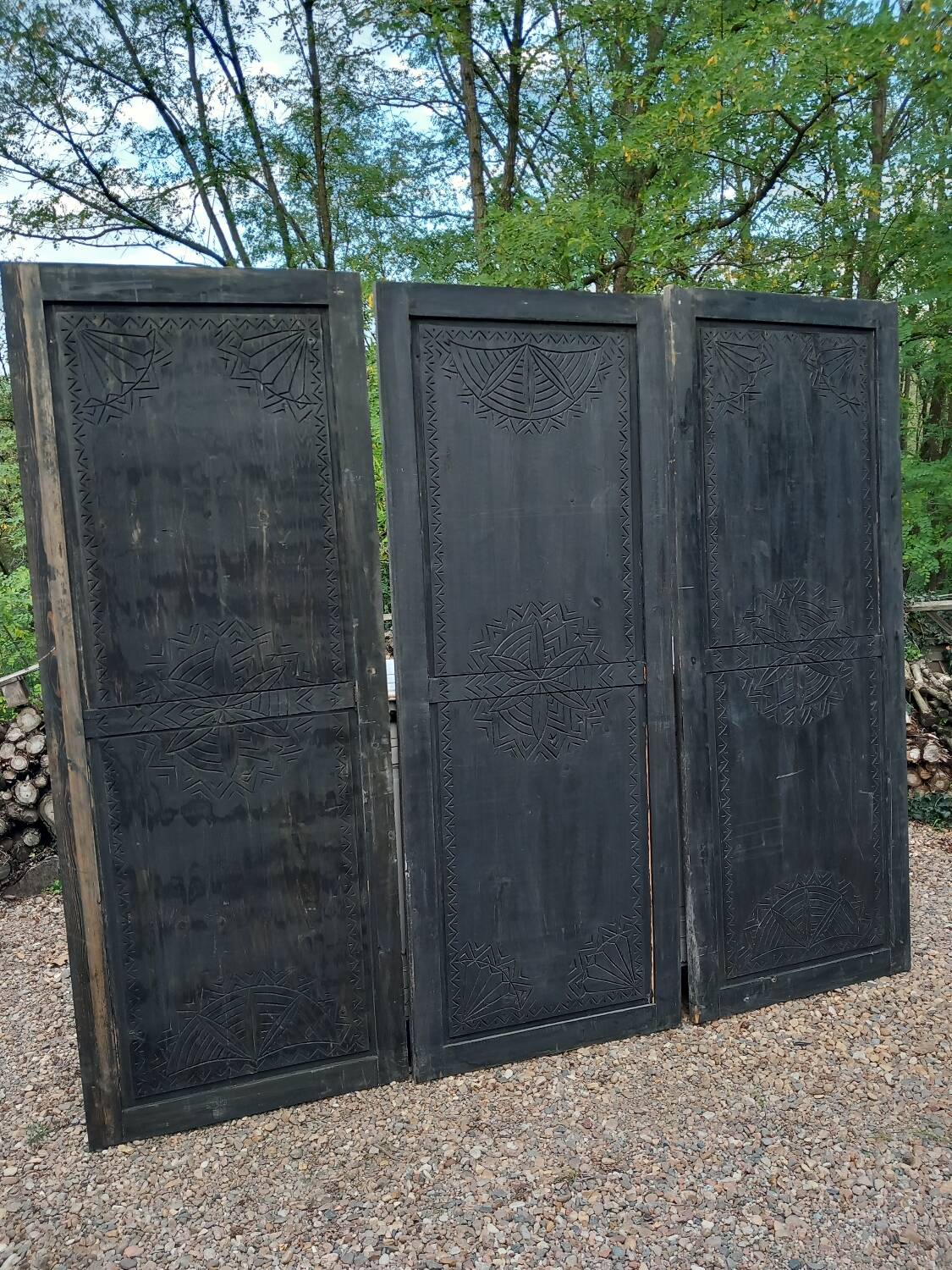 3 large carved wooden panels/doors