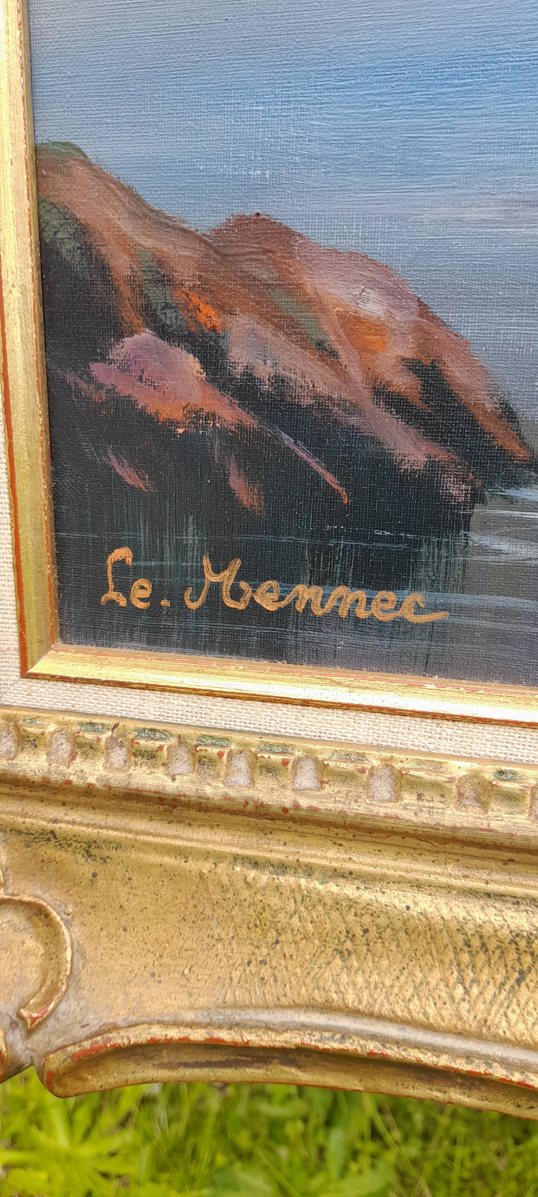 Framed oil on canvas signed Le Mennec fishing boats in Brittany 50 x 100 cm