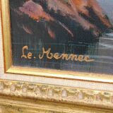 Framed oil on canvas signed Le Mennec fishing boats in Brittany 50 x 100 cm