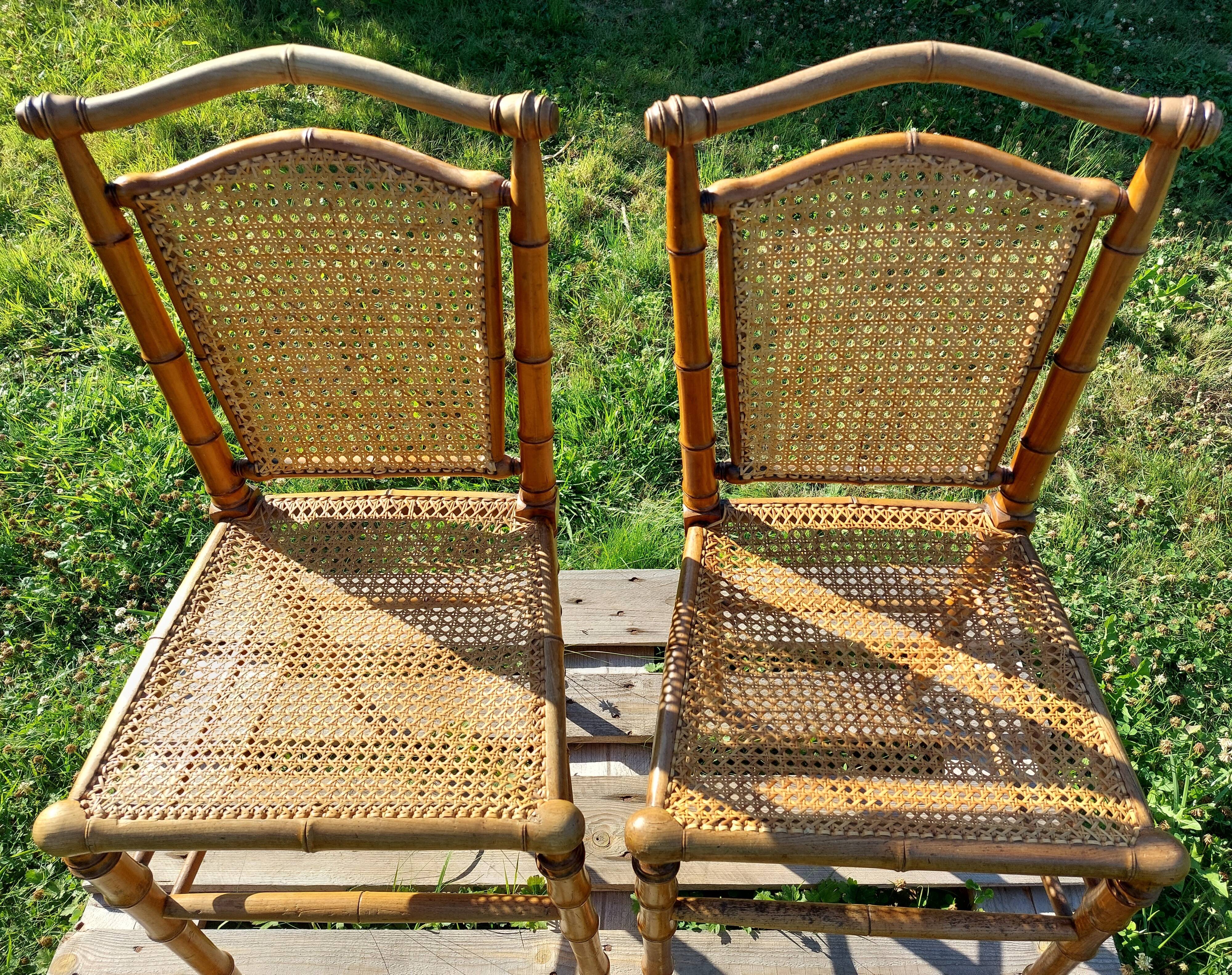 Duo of wooden chairs turned bamboo style