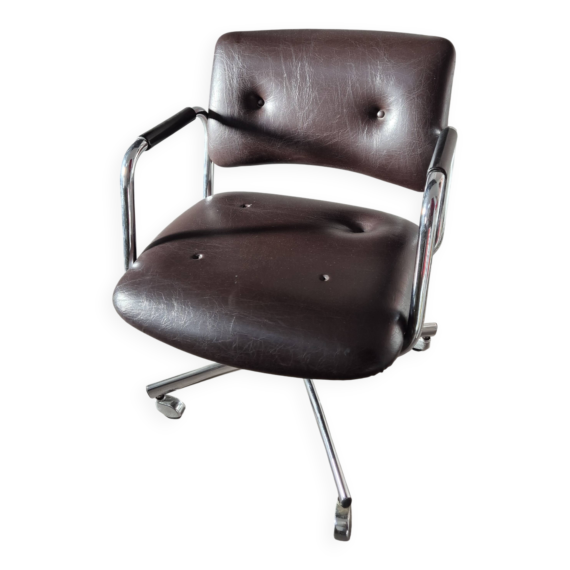 Vintage strafor brown leather armchair with casters