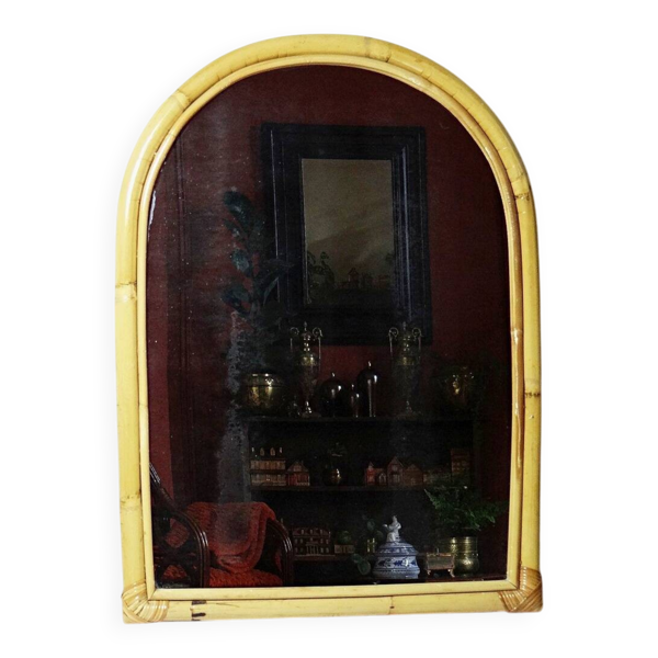 Grand miroir mural arche en bambou Italien, style Riviera, années 50-60