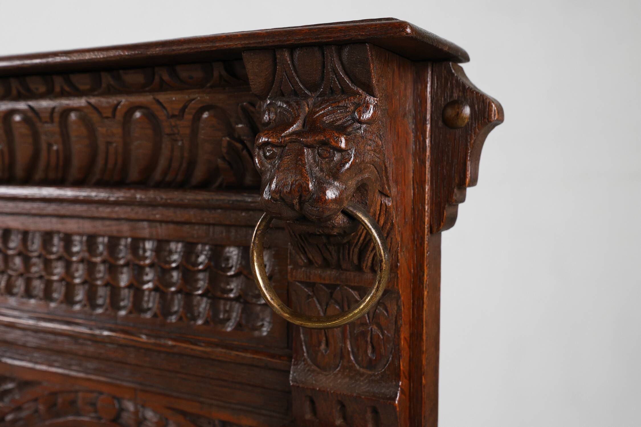 Antique French 18th Century Gothic Style Oak Carved High Back Panel Settle