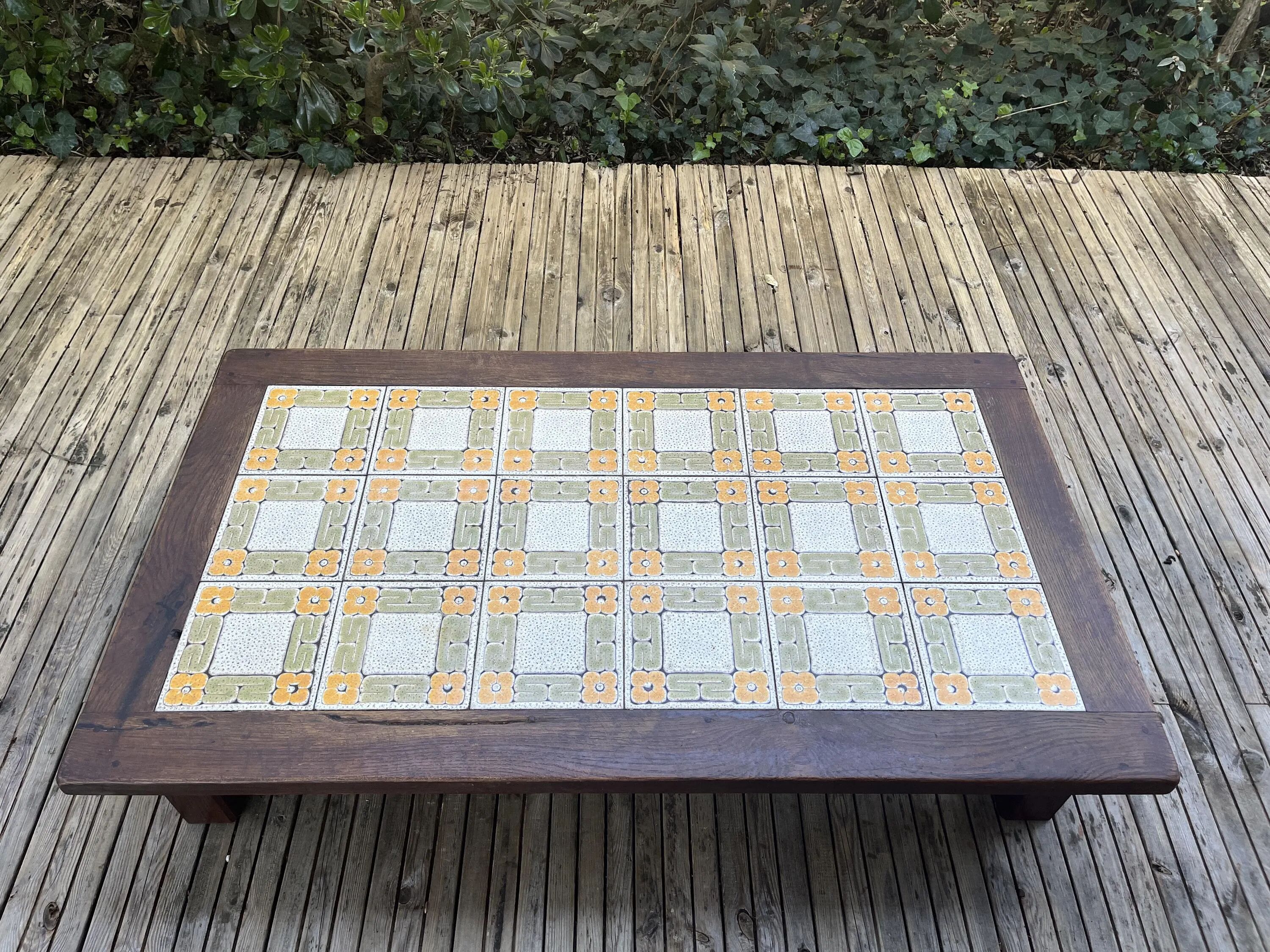 Large vintage 1960s oak and ceramic coffee table.